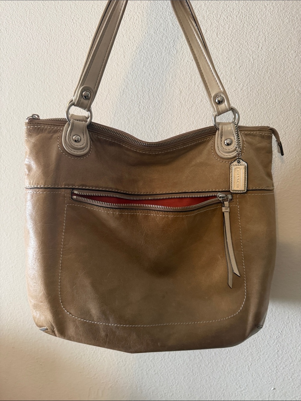 COACH Poppy Glam Leather Tote Bag in Brown with Light Trim
